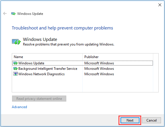 entrar no Windows Update Troubleshooter