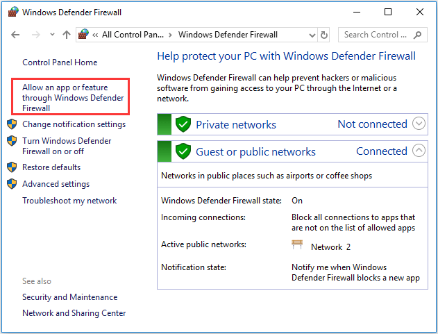 επιλέξτε Να επιτρέπεται μια εφαρμογή ή μια λειτουργία μέσω του τείχους προστασίας του Windows Defender