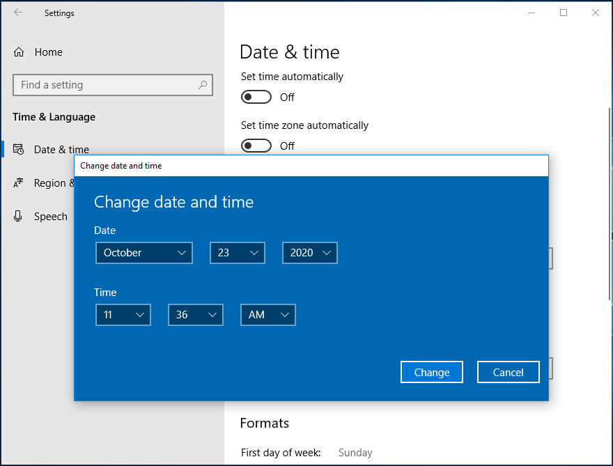 muuta kuupäeva ja kellaaega Windows 10-s
