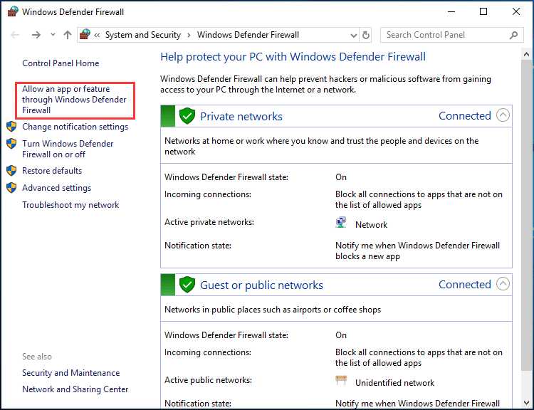 επιτρέψτε μια εφαρμογή ή μια λειτουργία μέσω του τείχους προστασίας του Windows Defender