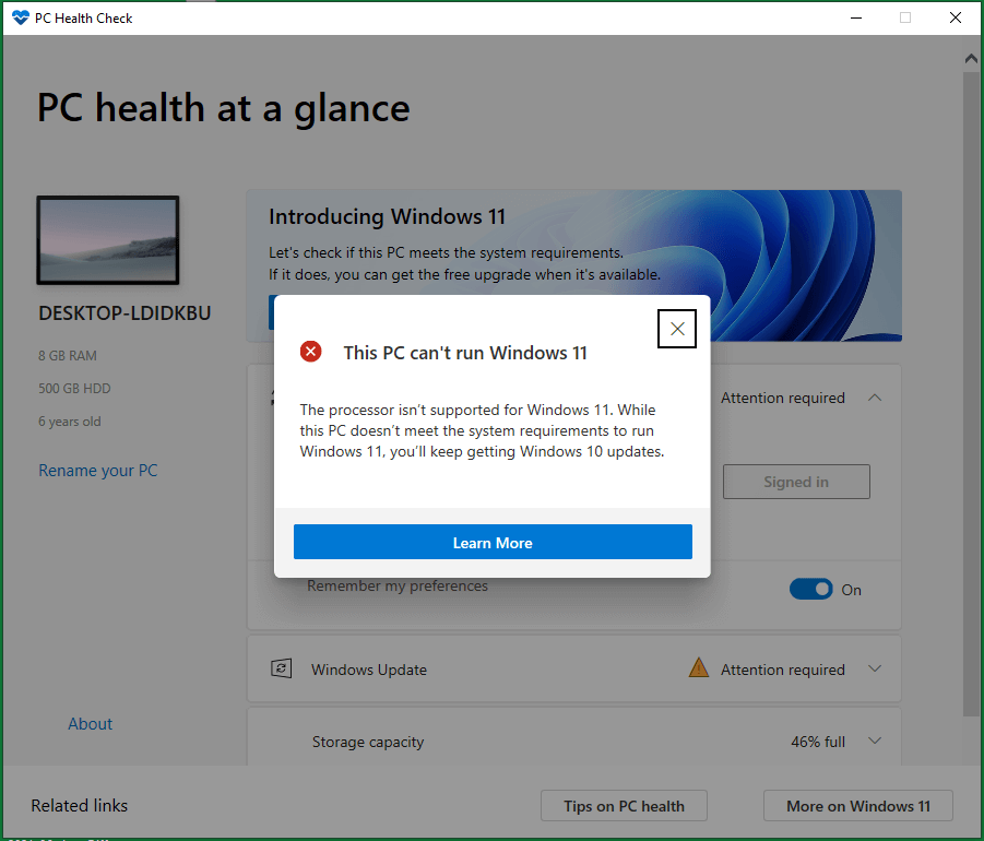 ühilduvus Windows 11 kontrollimise tulemuse jaoks