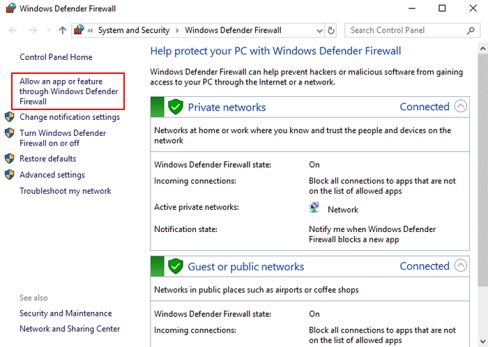 Permitir um aplicativo ou recurso por meio do Firewall do Windows Defender