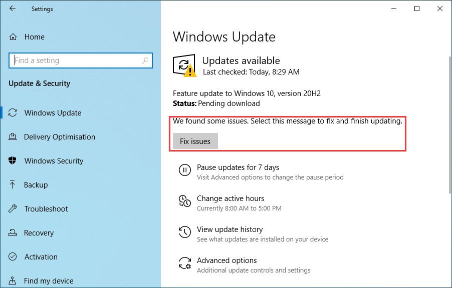 Korjaa ongelmat -painike Windows Update -sivulla