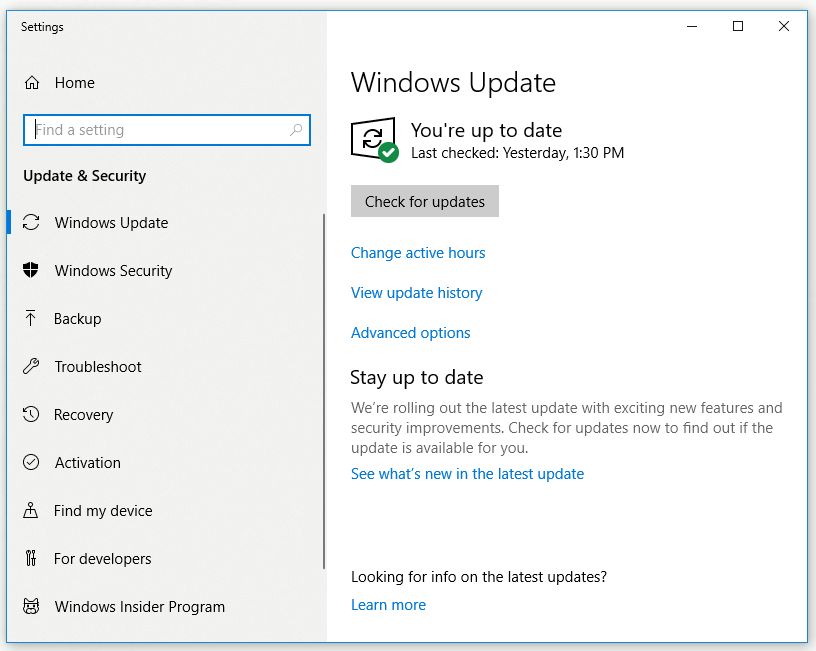 abra a tela do Windows Update