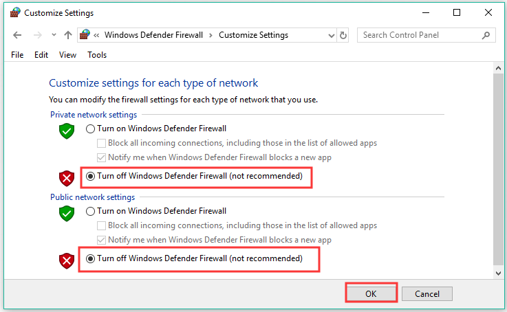Desative o Firewall do Windows Defender