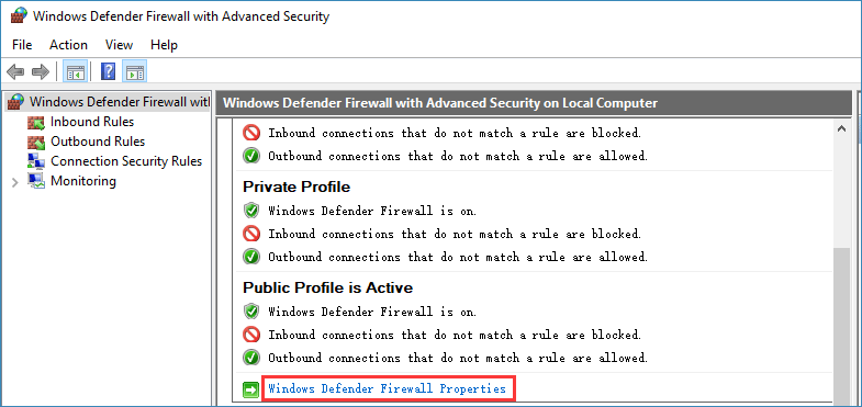 haga clic en Propiedades del Firewall de Windows Defender