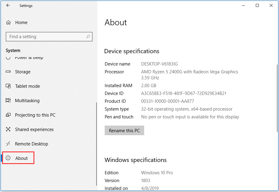 hogyan lehet megtalálni a Windows 10 számítógépes specifikációit a Beállításokból