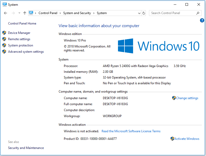 kuidas kontrollida arvuti spetsifikatsioone Windows 10 kaudu süsteemi atribuutide kaudu