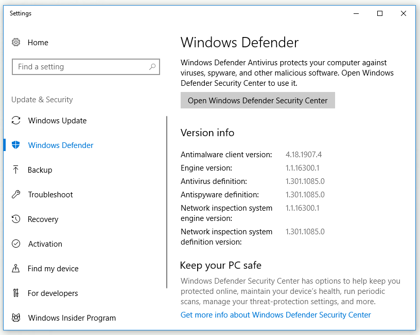 klik butang Buka Windows Security