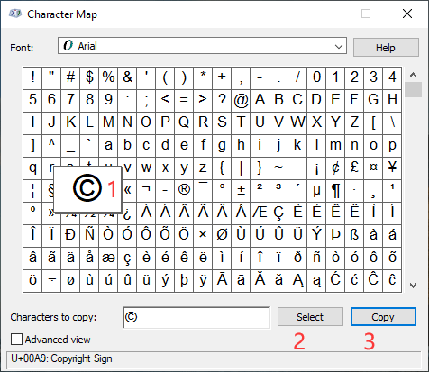 Инструмент карты символов Windows