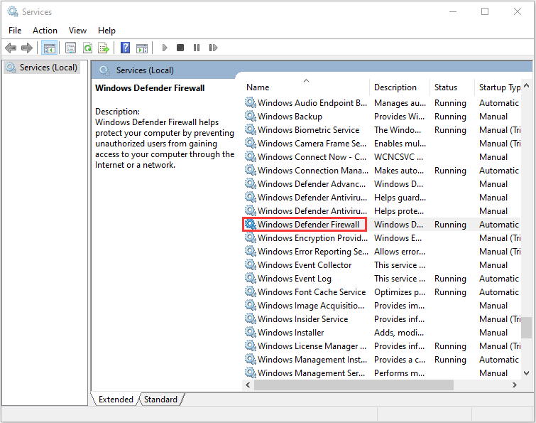 tarkista Windows Defender -palomuurin tila ja käynnistystyyppi
