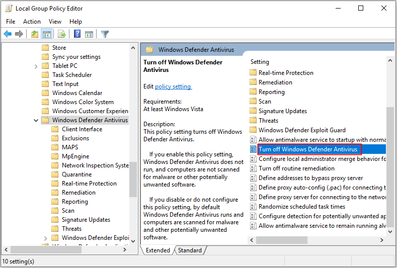 topeltklõpsake käsku Lülita Windows Defender Antivirus välja