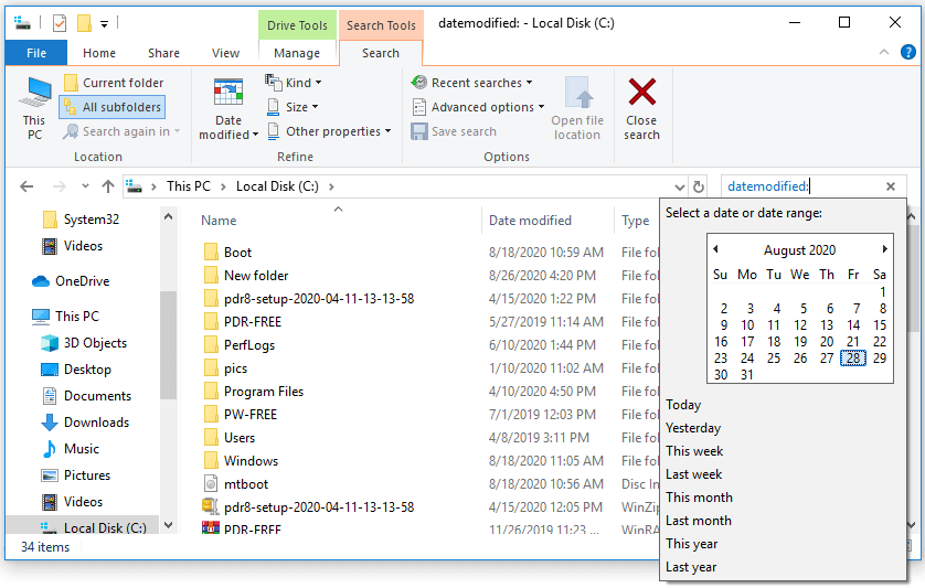 εύρεση αρχείων κατά ημερομηνία Windows 10