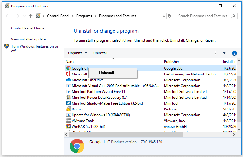supprimer Chrome dans le panneau de configuration
