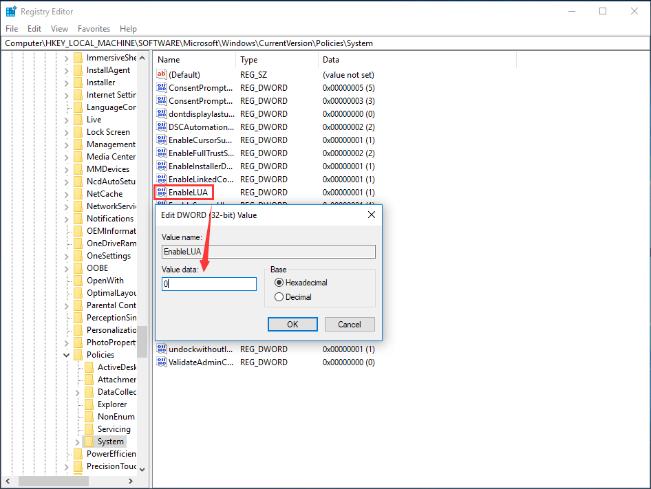 desactivar la clave de registro de UAC Windows 10