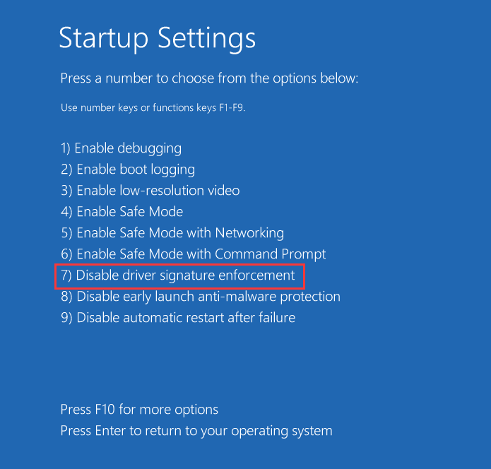 отключить принудительное использование подписи драйверов Windows 10