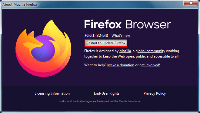 Käynnistä tietokone uudelleen päivittääksesi Firefoxin