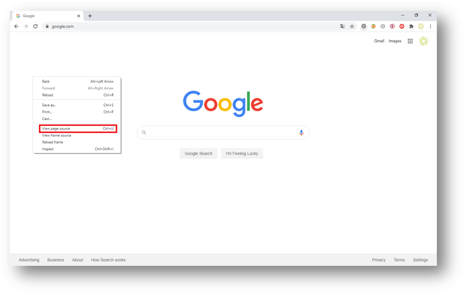κάντε κλικ στην επιλογή Προβολή πηγής σελίδας από μενού με βάση τα συμφραζόμενα στο Chrome