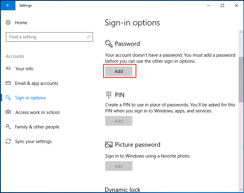 aggiungere una password nella finestra delle opzioni di accesso