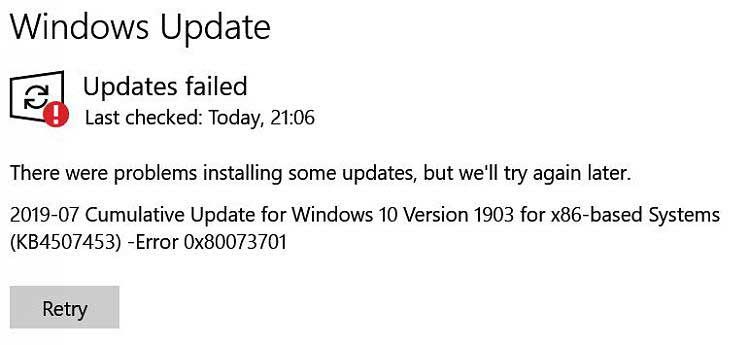 Windows 업데이트 오류 0x80073701