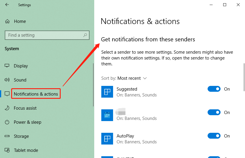 Configurações de notificações e ações do Windows