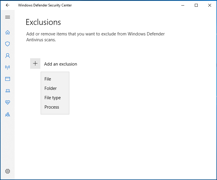 adicionar uma exclusão no Windows Defender