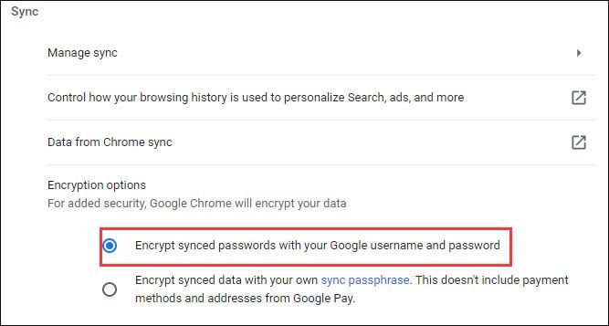 vælg Krypter synkroniserede adgangskoder med dit Google-brugernavn og din adgangskode
