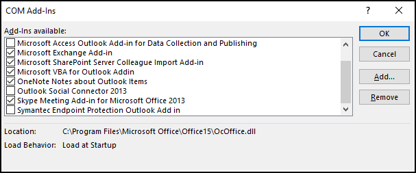 ยกเลิกการเลือก Add-in ของ Outlook ทั้งหมด