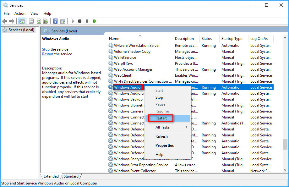 genstart Windows Audio Service