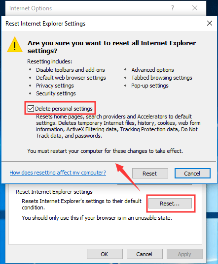 нулиране на Internet Explorer