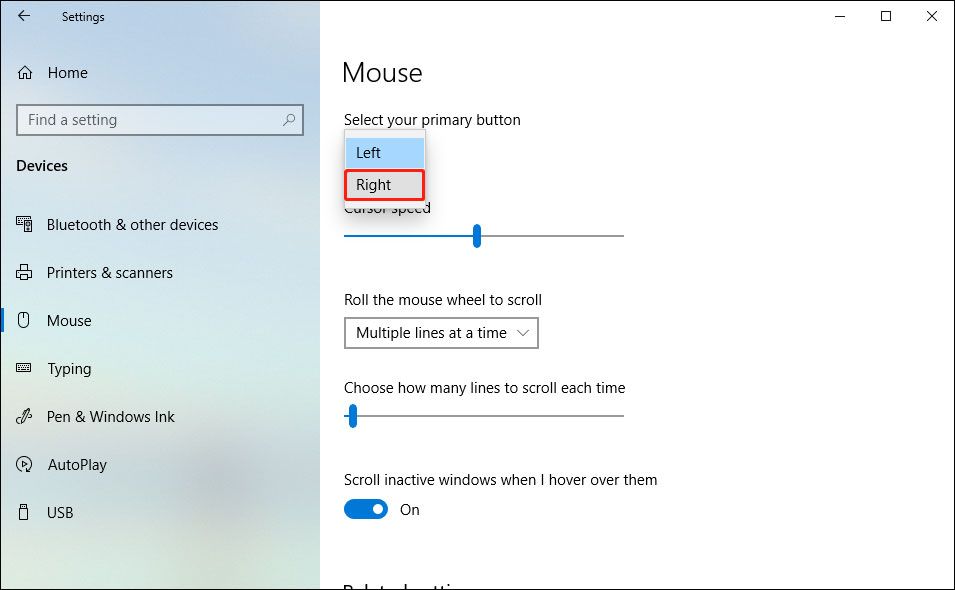 mudar o botão primário do mouse