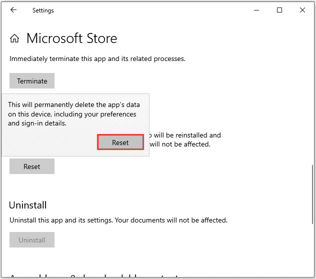 lähtestage Microsoft Store