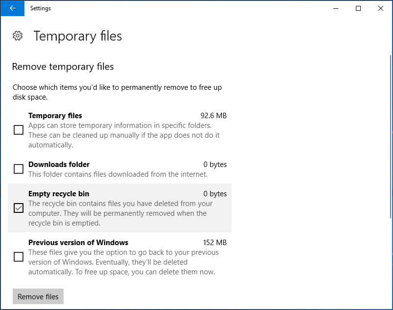 esvazie a lixeira nas configurações do Windows
