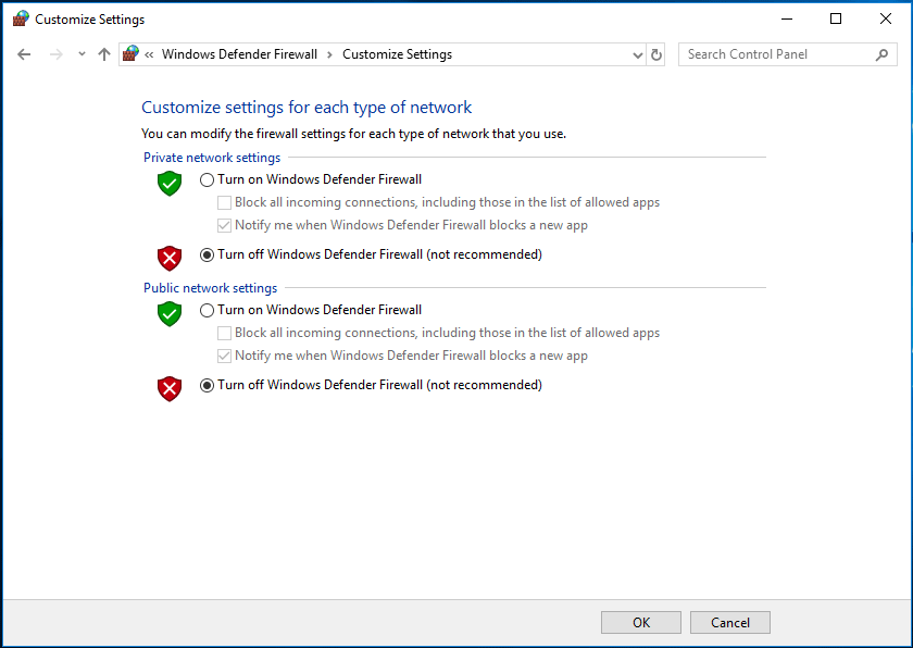 Απενεργοποιήστε το τείχος προστασίας του Windows Defender