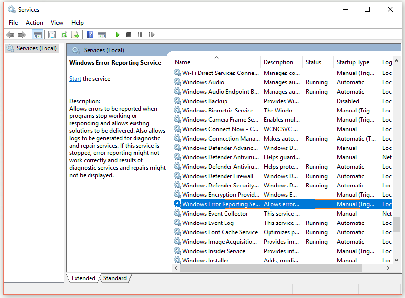 find Windows Error Reporting Service i vinduet Services