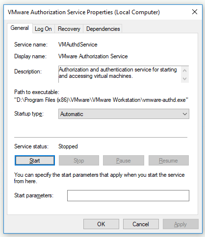 executar serviços de autorização VMware com direitos de administração