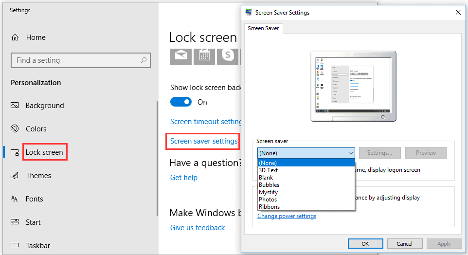 sjekk Windows skjermsparerinnstillinger