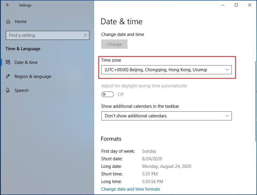 выбрать часовой пояс в Windows 10