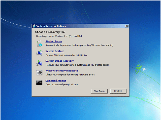 Entorno de recuperación en Windows 7