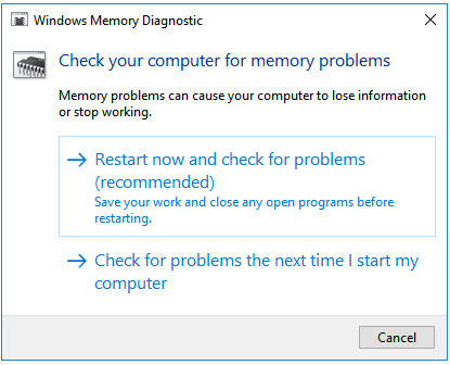 Παράθυρο διάγνωσης μνήμης των Windows