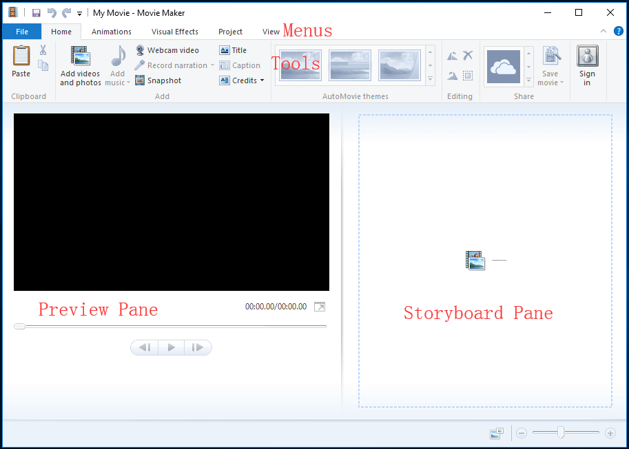 κύρια διασύνδεση του Windows Movie Maker