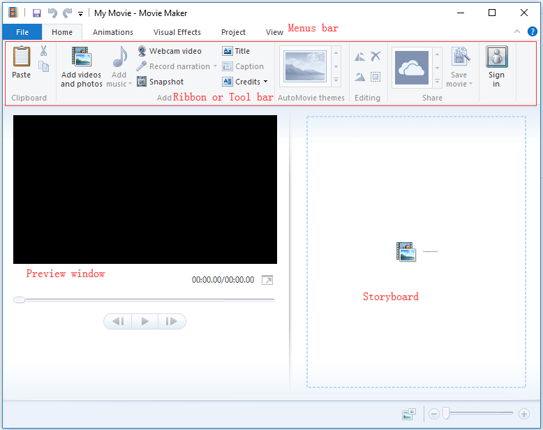 giao diện chính của Windows Movie Maker