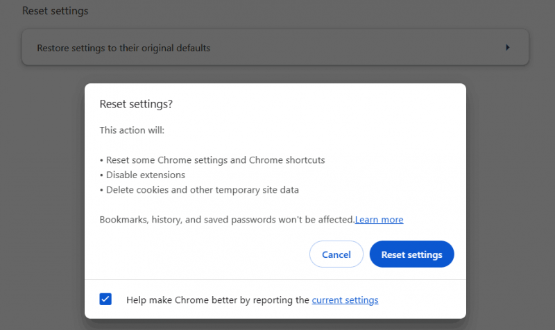   resetați Google Chrome la valorile implicite