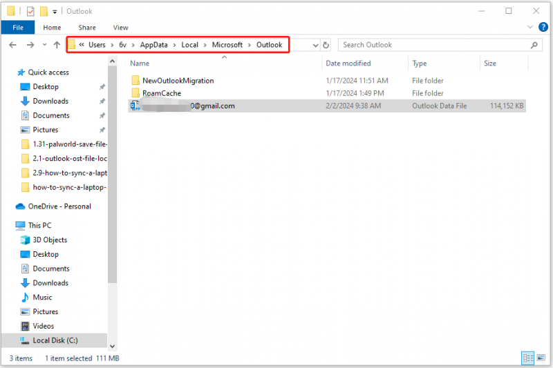   Localização do arquivo OST do Outlook no File Explorer