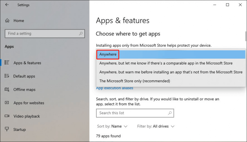   sélectionnez N'importe où dans Windows 10
