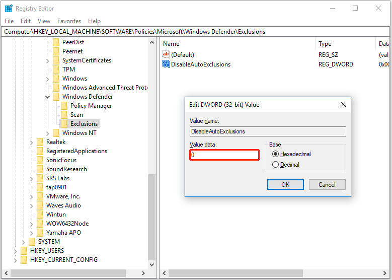 Correggi le esclusioni di Windows Defender che non funzionano Windows 11 10