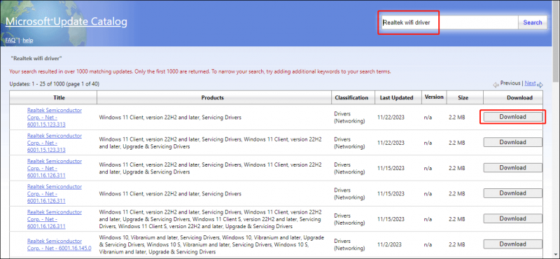   baixe o driver Realtek Wi-Fi mais recente do Catálogo do Microsoft Update