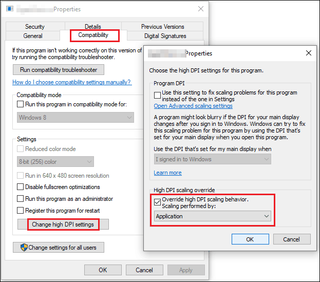   lagyan ng check ang Override high DPI scaling behavior