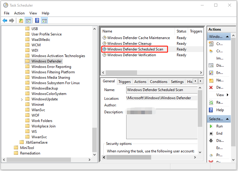   Windows Defender Scheduled Scanஐ இருமுறை கிளிக் செய்யவும்