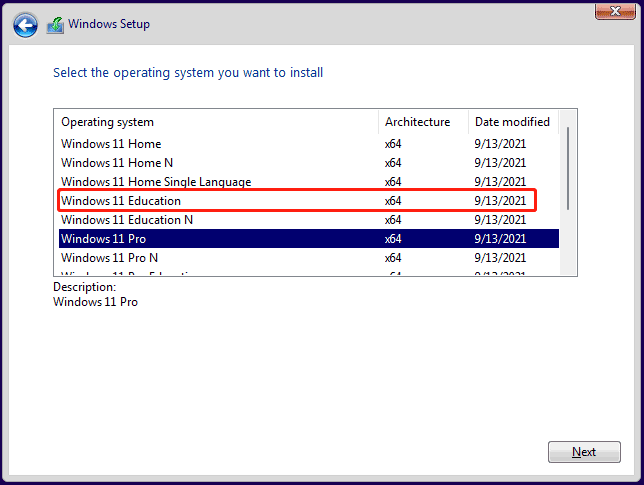   scegli Windows 11 Education da installare